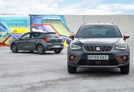 SEAT Arona and SEAT Ibiza parked in the city urban style