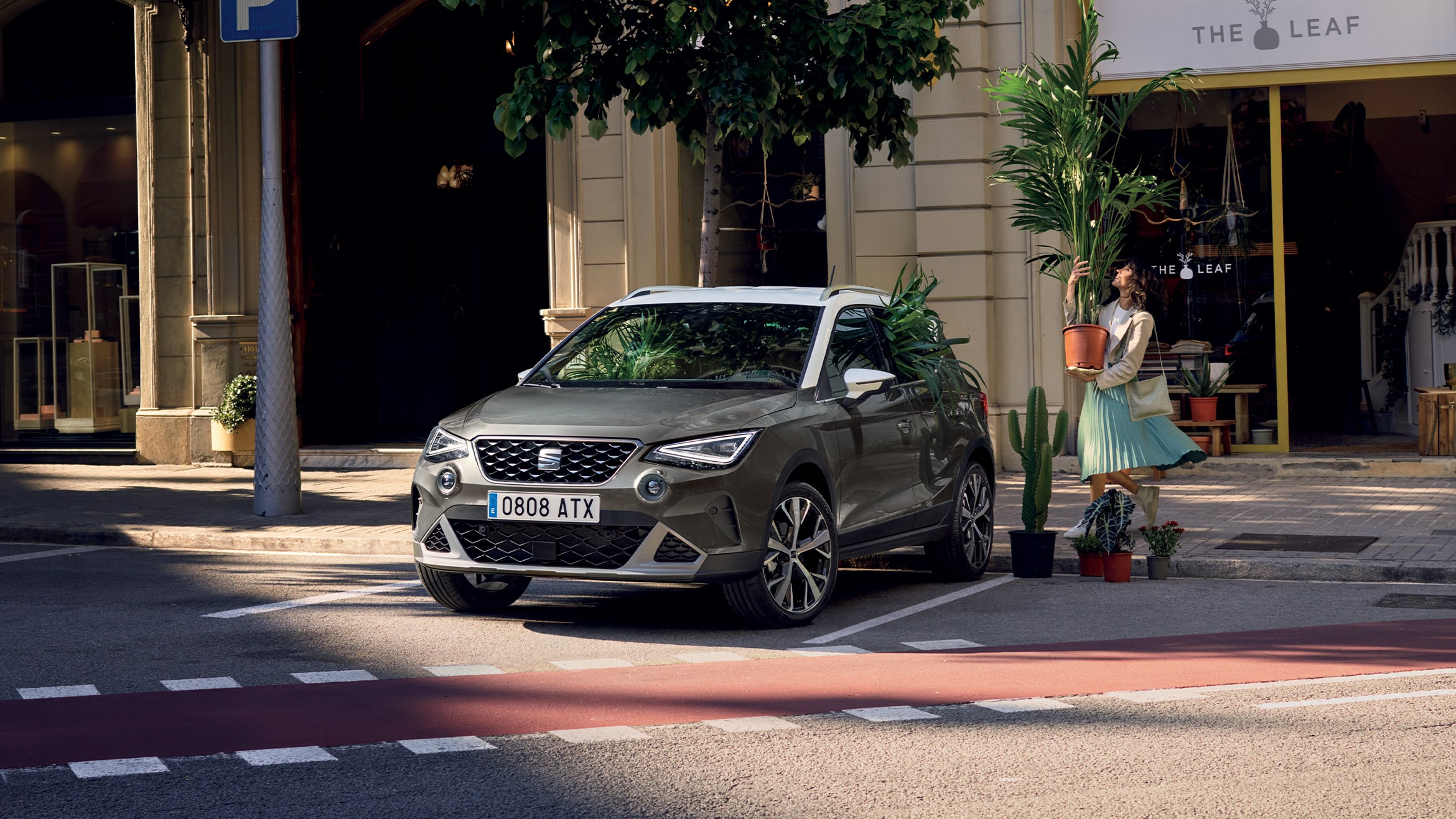 woman holding plants beside seat arona cliff grey colour